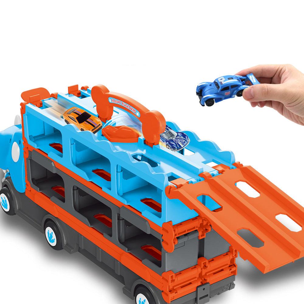 Camion Dinosaure Dépliable – Transporteur de Voitures & Circuit de Course 2-en-1