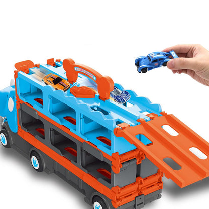 Camion Dinosaure Dépliable – Transporteur de Voitures & Circuit de Course 2-en-1