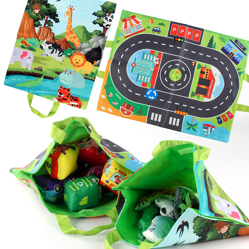 Voitures en peluche sensorielles 2-en-1 avec tapis de jeu et sac de transport – Jouets de voyage pour enfants