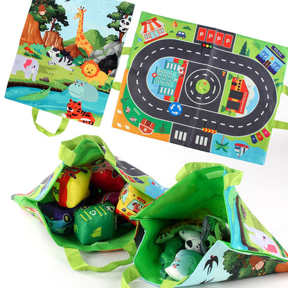 Voitures en peluche sensorielles 2-en-1 avec tapis de jeu et sac de transport – Jouets de voyage pour enfants