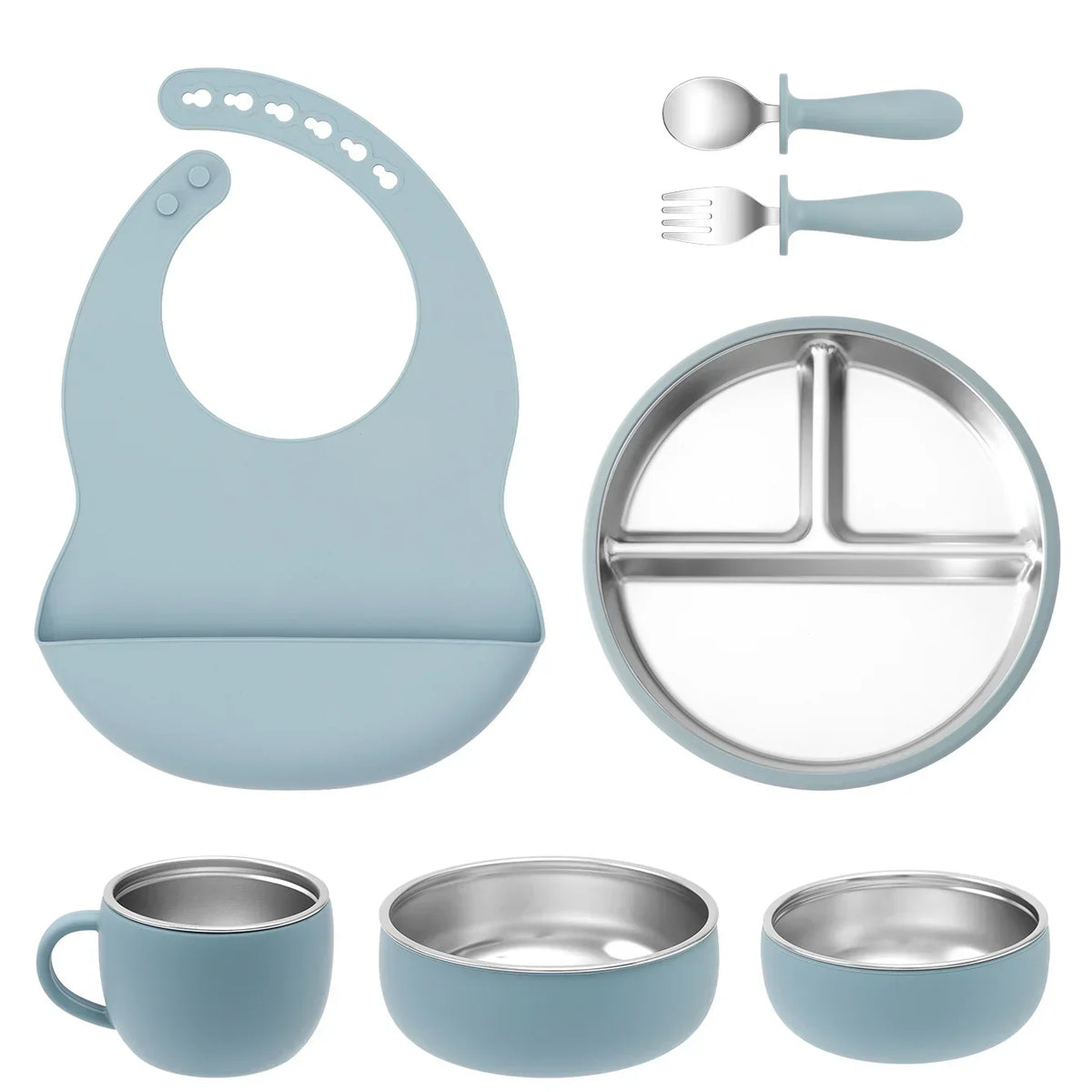 Coffret repas bébé 7 pièces en inox et silicone avec ventouses