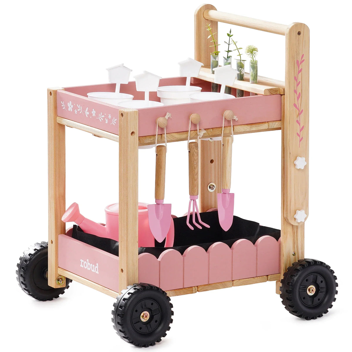 Chariot de jardinage enfant en bois, réglable avec outils