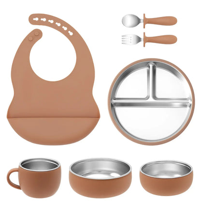 Coffret repas bébé 7 pièces en inox et silicone avec ventouses