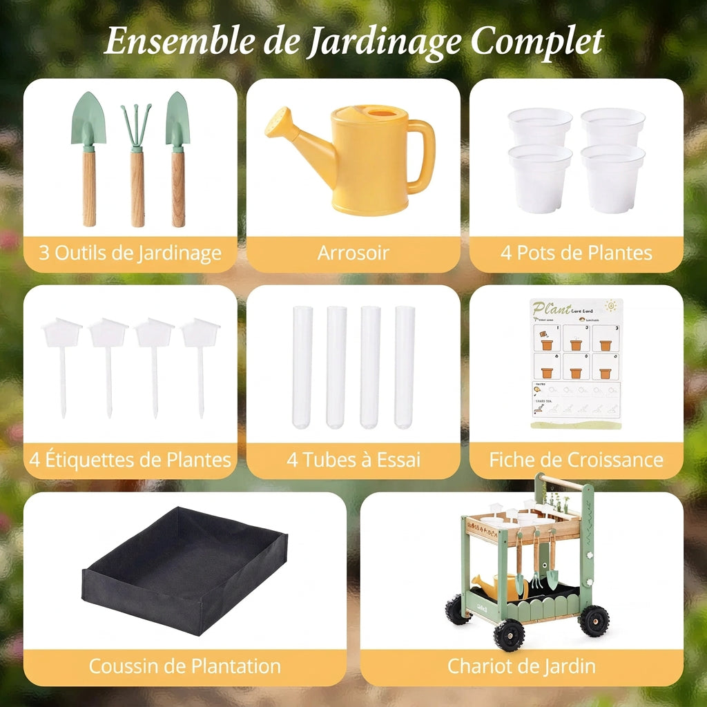 Chariot de jardinage enfant en bois, réglable avec outils