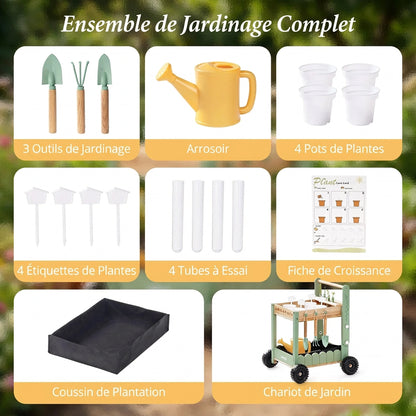 Chariot de jardinage enfant en bois, réglable avec outils