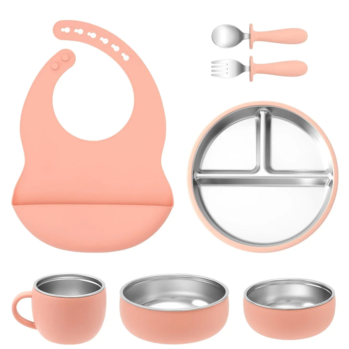 Coffret repas bébé 7 pièces en inox et silicone avec ventouses