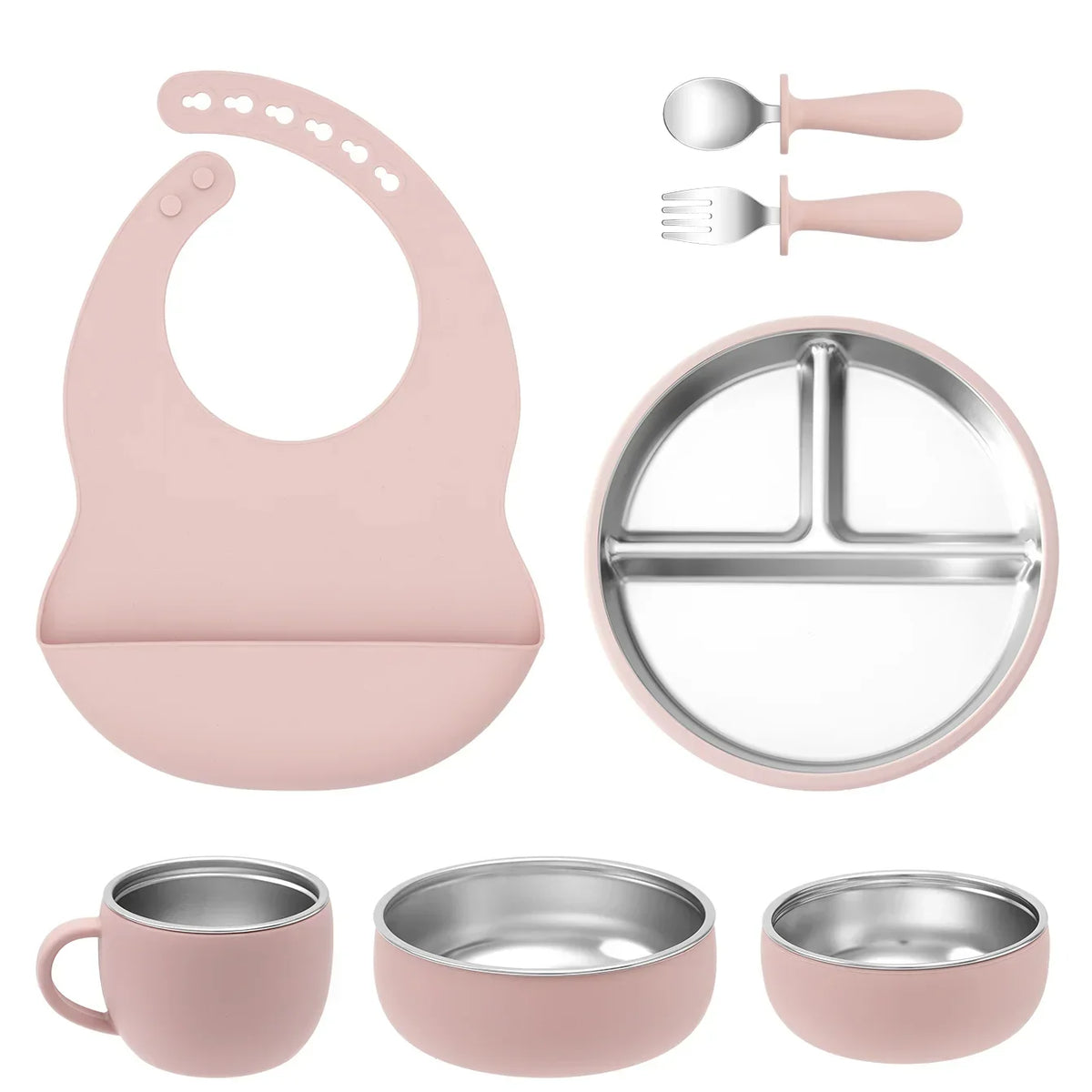 Coffret repas bébé 7 pièces en inox et silicone avec ventouses