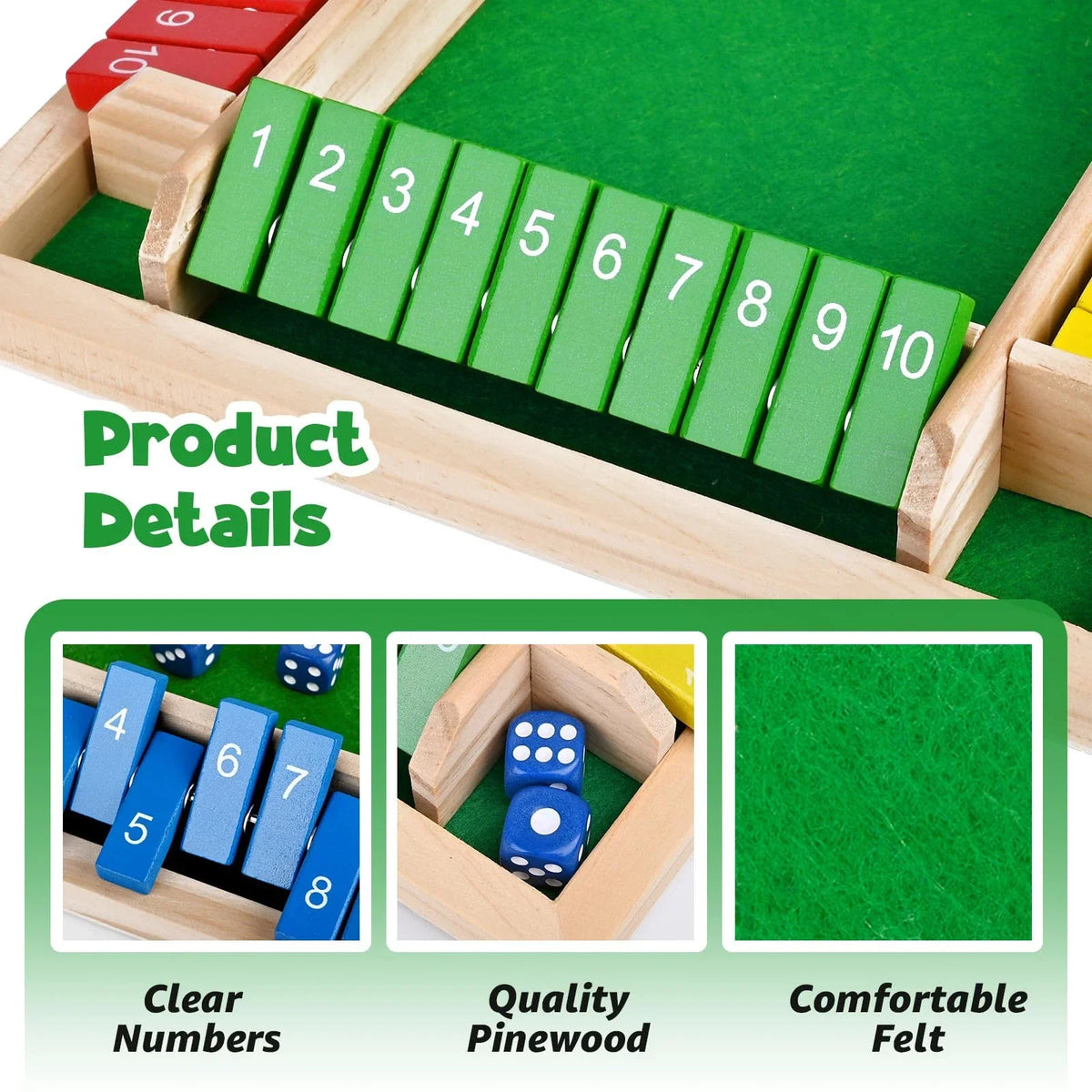 Jeu de dés en bois Shut the Box pour 2 à 4 joueurs