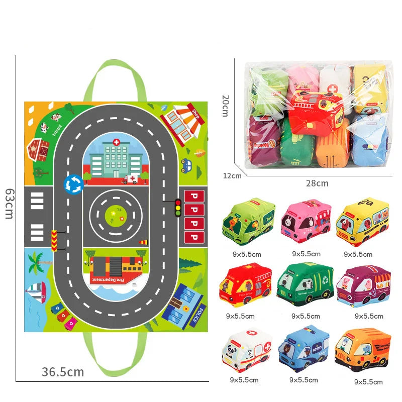 Voitures en peluche sensorielles 2-en-1 avec tapis de jeu et sac de transport – Jouets de voyage pour enfants