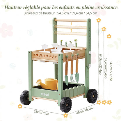 Chariot de jardinage enfant en bois, réglable avec outils