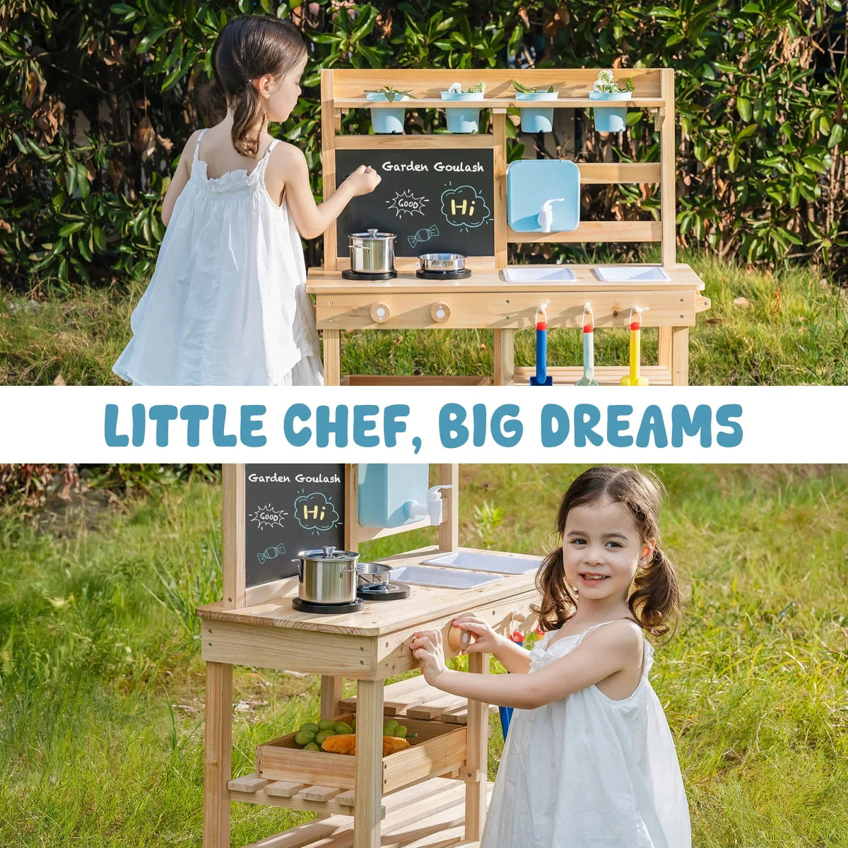 Wooden Outdoor Mud Kitchen with Water Pump and Chalkboard