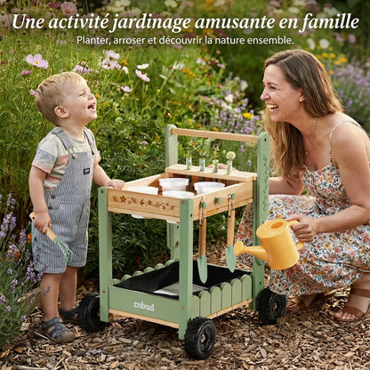 Chariot de jardinage enfant en bois, réglable avec outils