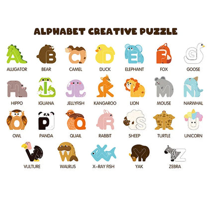 Puzzle alphabet créatif en bois avec 26 lettres en forme d’animaux
