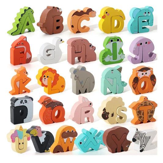 Puzzle alphabet créatif en bois avec 26 lettres en forme d’animaux
