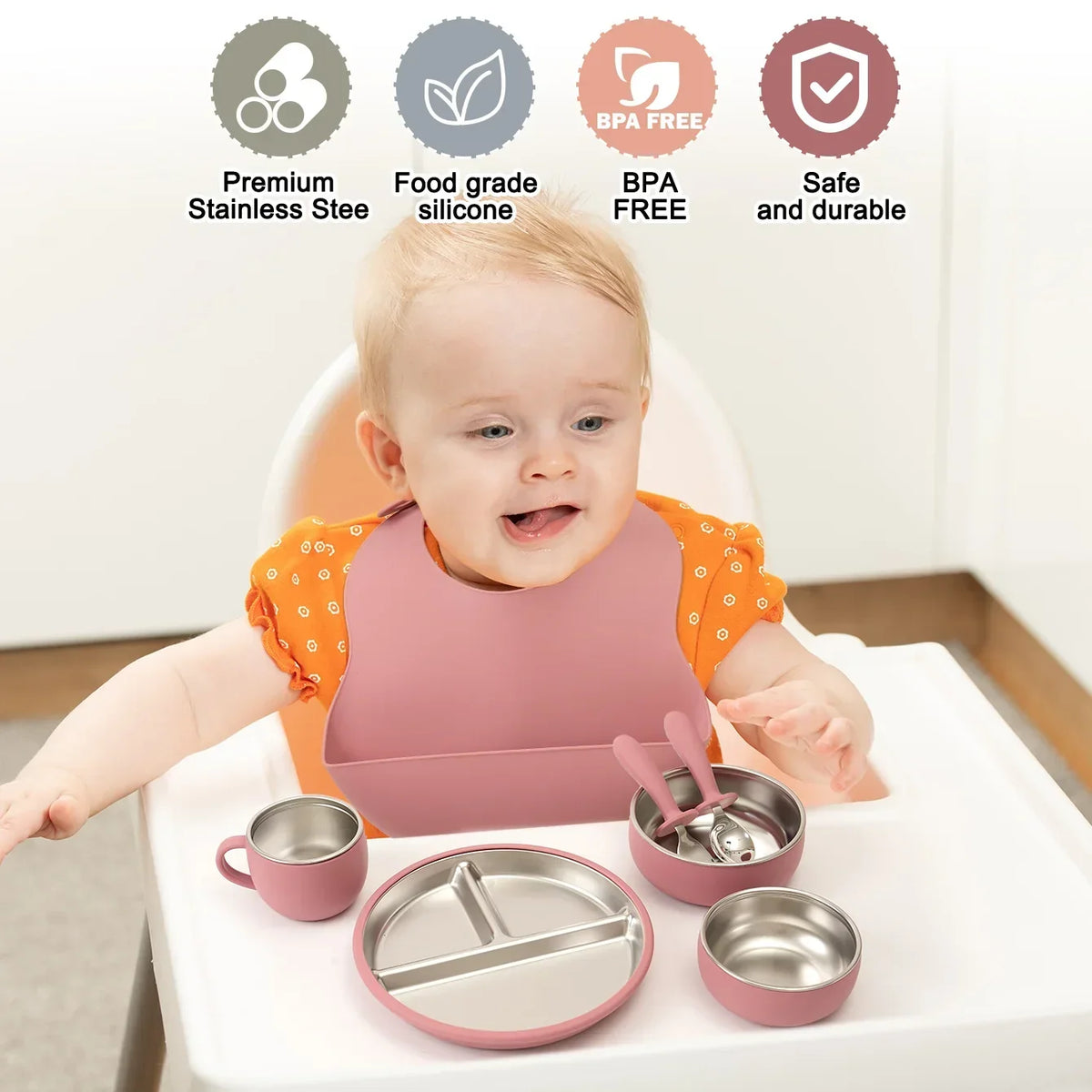 Coffret repas bébé 7 pièces en inox et silicone avec ventouses