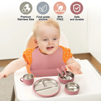 Coffret repas bébé 7 pièces en inox et silicone avec ventouses