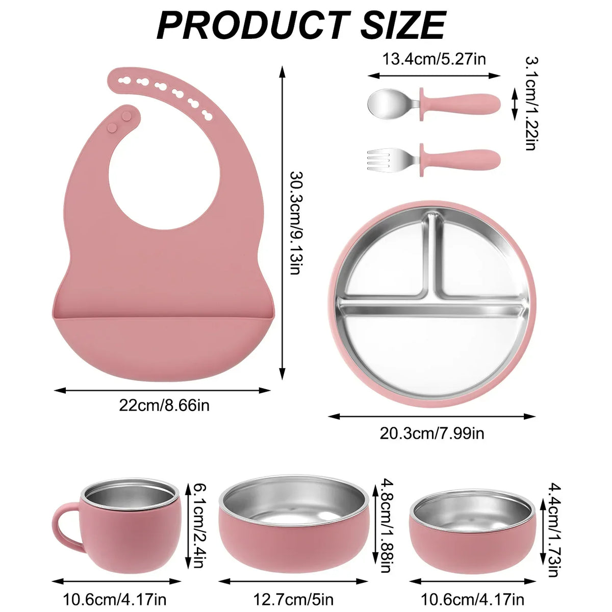 Coffret repas bébé 7 pièces en inox et silicone avec ventouses