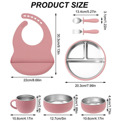 Coffret repas bébé 7 pièces en inox et silicone avec ventouses