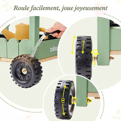 Chariot de jardinage enfant en bois, réglable avec outils