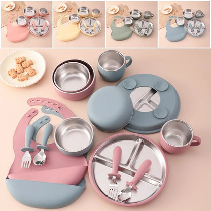 Coffret repas bébé 7 pièces en inox et silicone avec ventouses