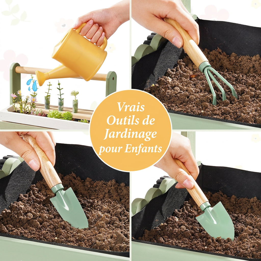Chariot de jardinage enfant en bois, réglable avec outils