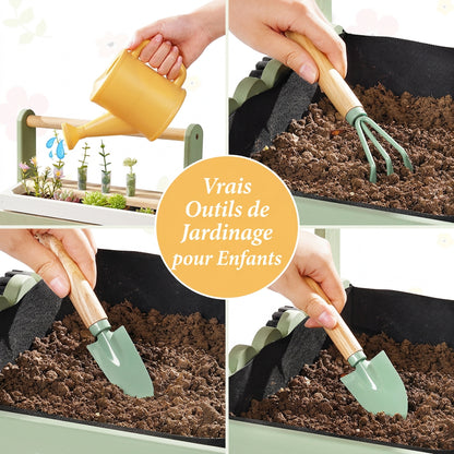 Chariot de jardinage enfant en bois, réglable avec outils