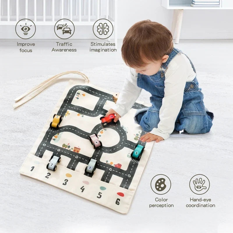 Jeu de Circulation Montessori pour Enfants – Tapis Routier et Voitures en Bois