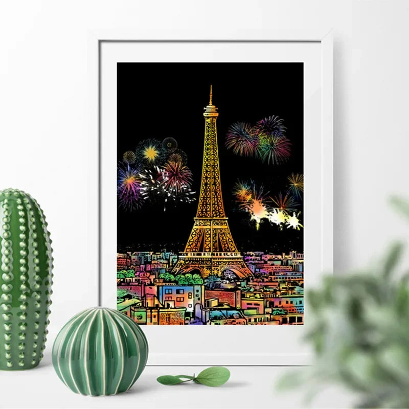 Papier à Gratter Créatif pour Enfants – 4 Motifs Cachés à Découvrir, avec Grattoir en Bambou