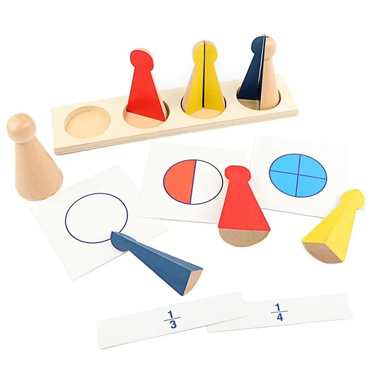 Quilles de fractions Montessori en bois avec support et cartes
