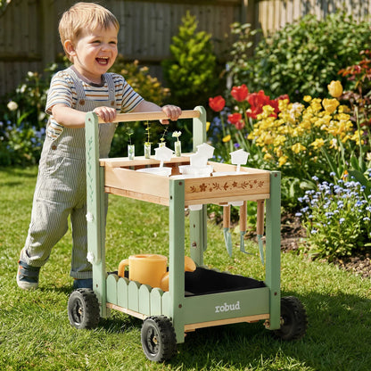 Chariot de jardinage enfant en bois, réglable avec outils