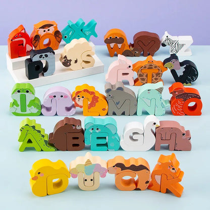Puzzle alphabet créatif en bois avec 26 lettres en forme d’animaux