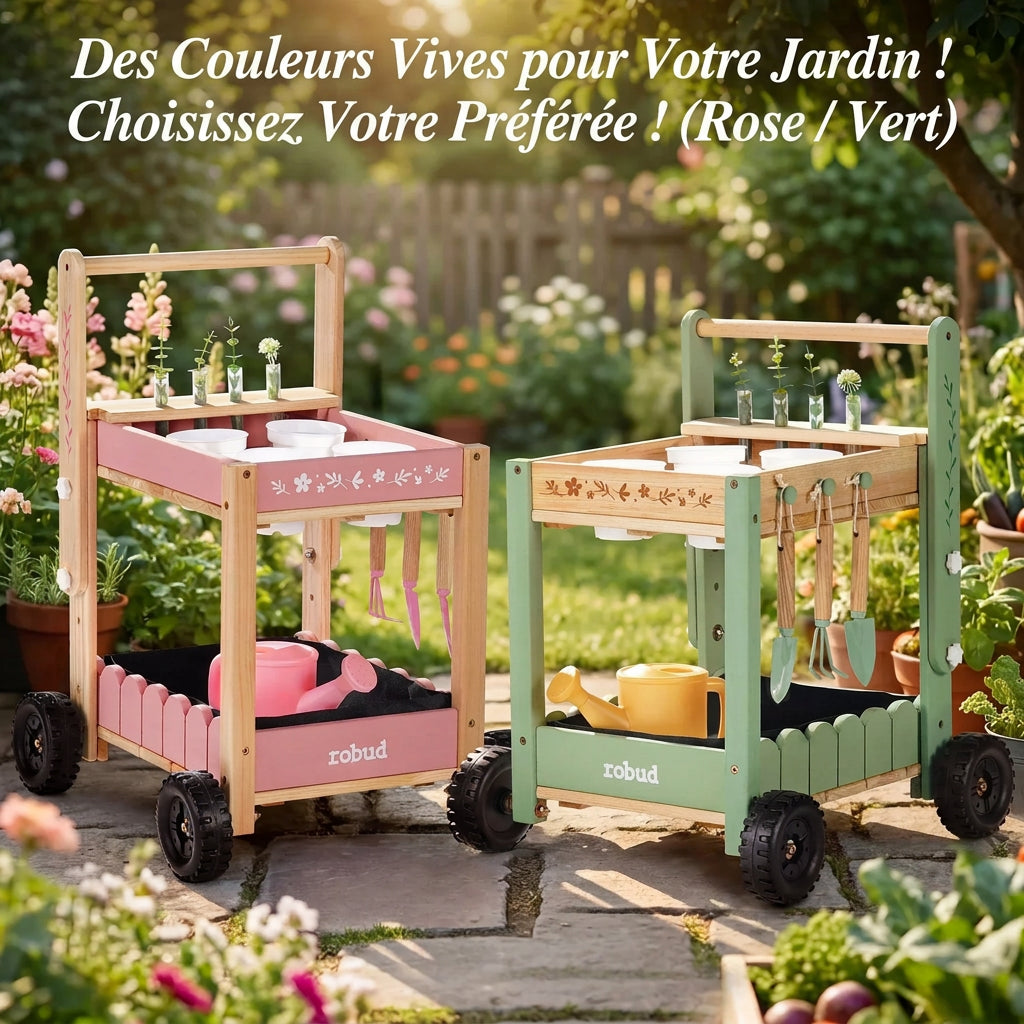 Chariot de jardinage enfant en bois, réglable avec outils