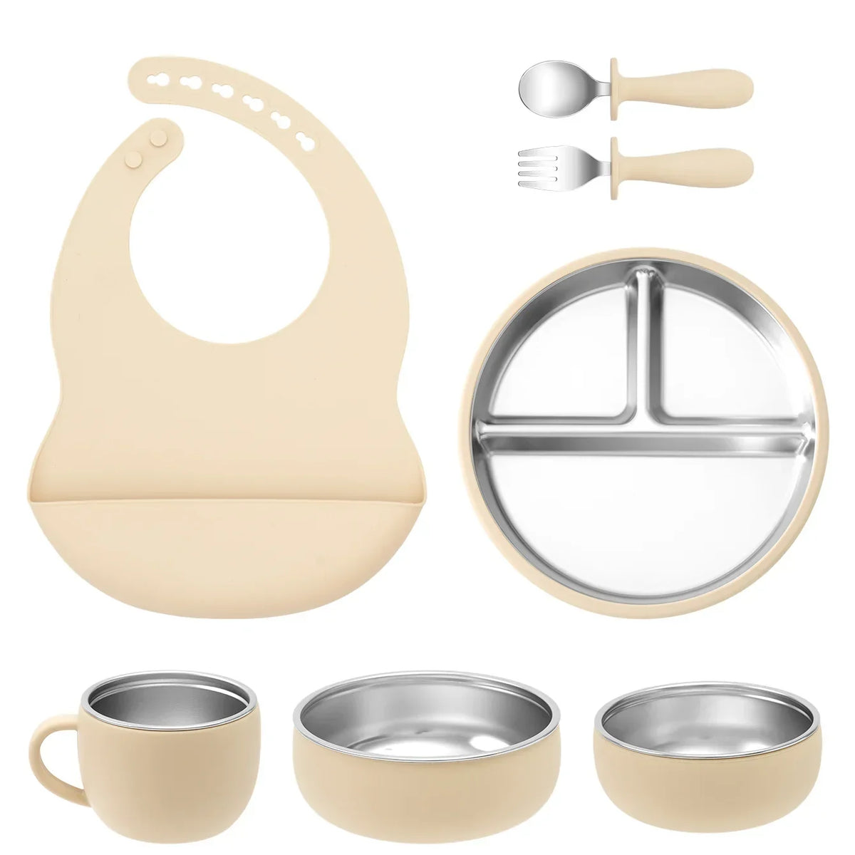Coffret repas bébé 7 pièces en inox et silicone avec ventouses