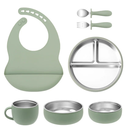Coffret repas bébé 7 pièces en inox et silicone avec ventouses