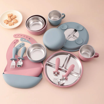 Coffret repas bébé 7 pièces en inox et silicone avec ventouses