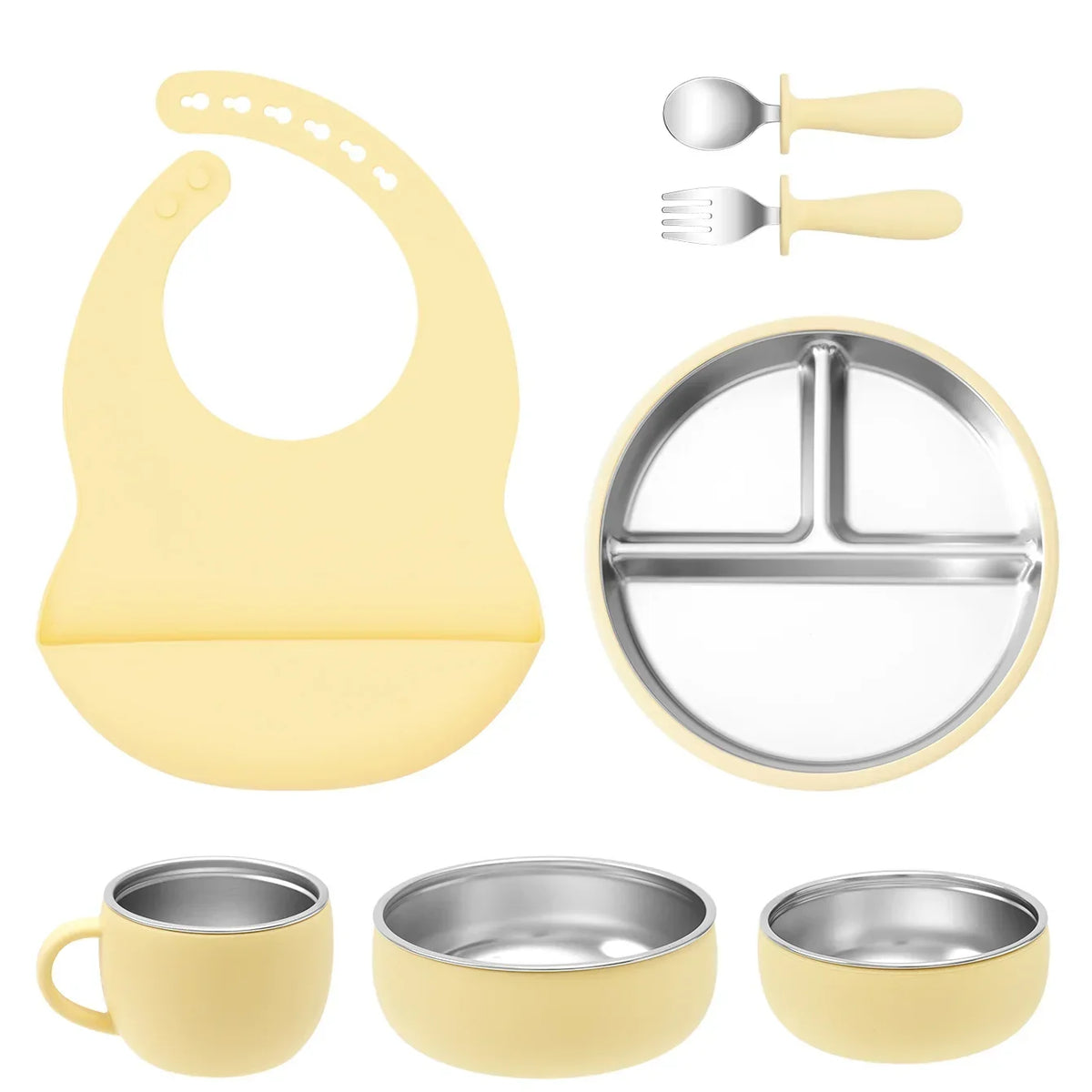 Coffret repas bébé 7 pièces en inox et silicone avec ventouses