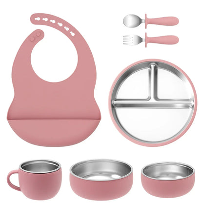Coffret repas bébé 7 pièces en inox et silicone avec ventouses