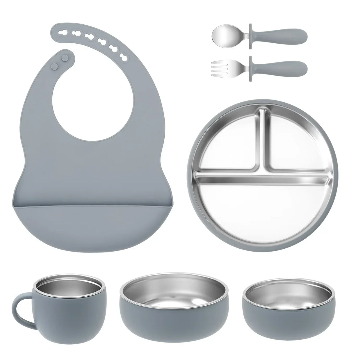 Coffret repas bébé 7 pièces en inox et silicone avec ventouses