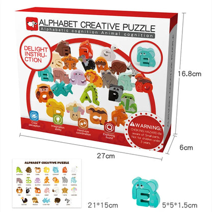 Puzzle alphabet créatif en bois avec 26 lettres en forme d’animaux