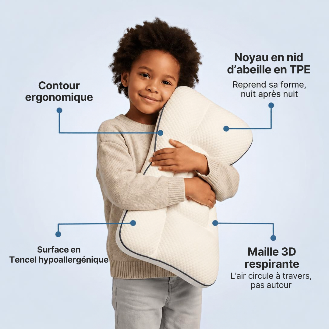 Oreiller ergonomique enfant  dès 3 ans – Housse respirante ,4 saisons