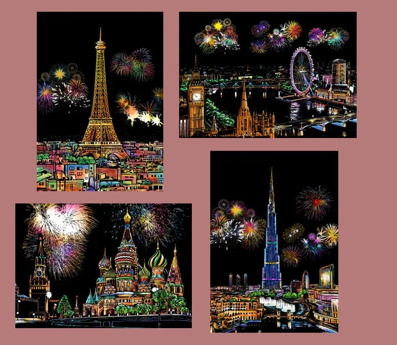 Papier à Gratter Créatif pour Enfants – 4 Motifs Cachés à Découvrir, avec Grattoir en Bambou