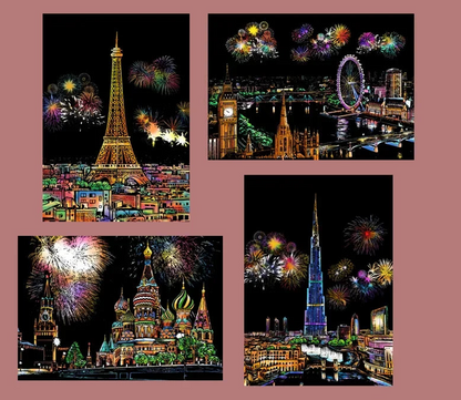 Papier à Gratter Créatif pour Enfants – 4 Motifs Cachés à Découvrir, avec Grattoir en Bambou