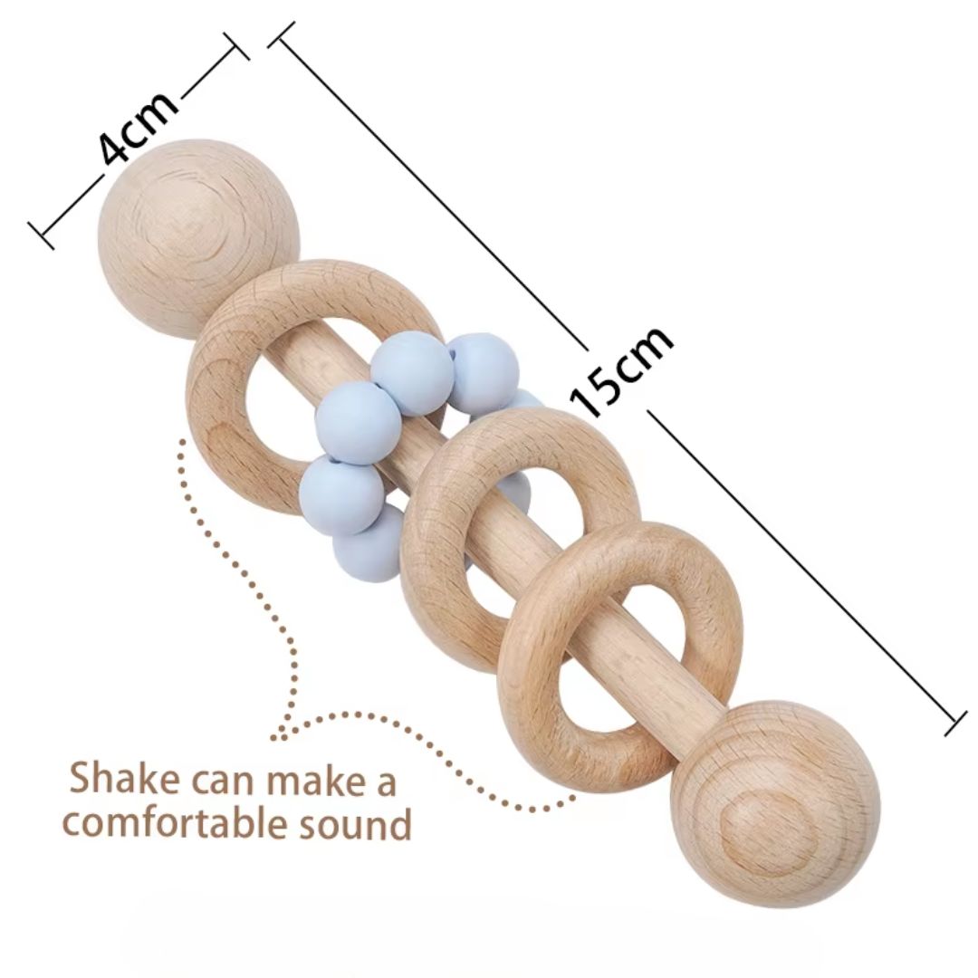 Hochet en Bois pour Bébé avec Anneaux de Dentition Montessori