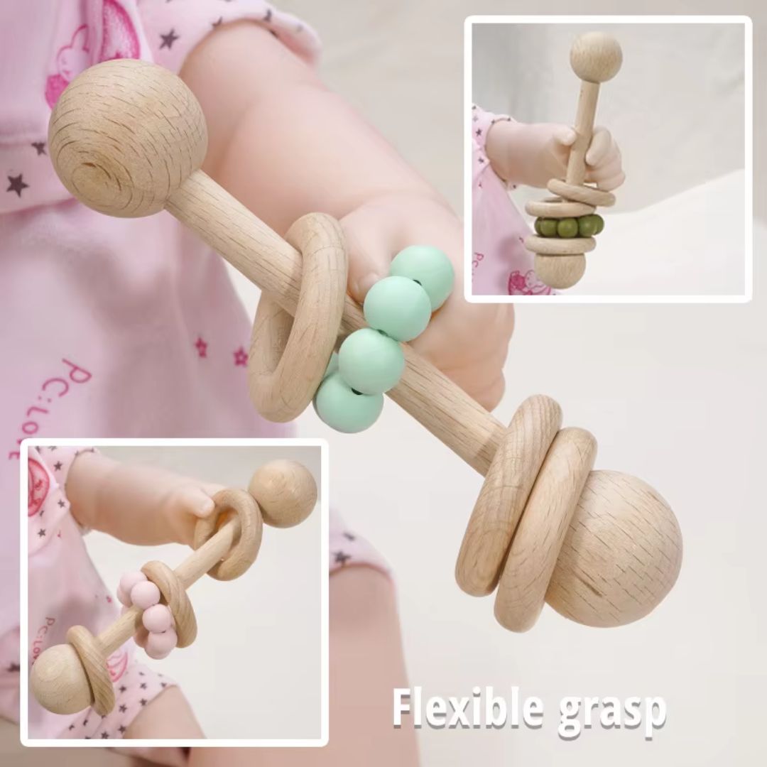 Hochet en Bois pour Bébé avec Anneaux de Dentition Montessori