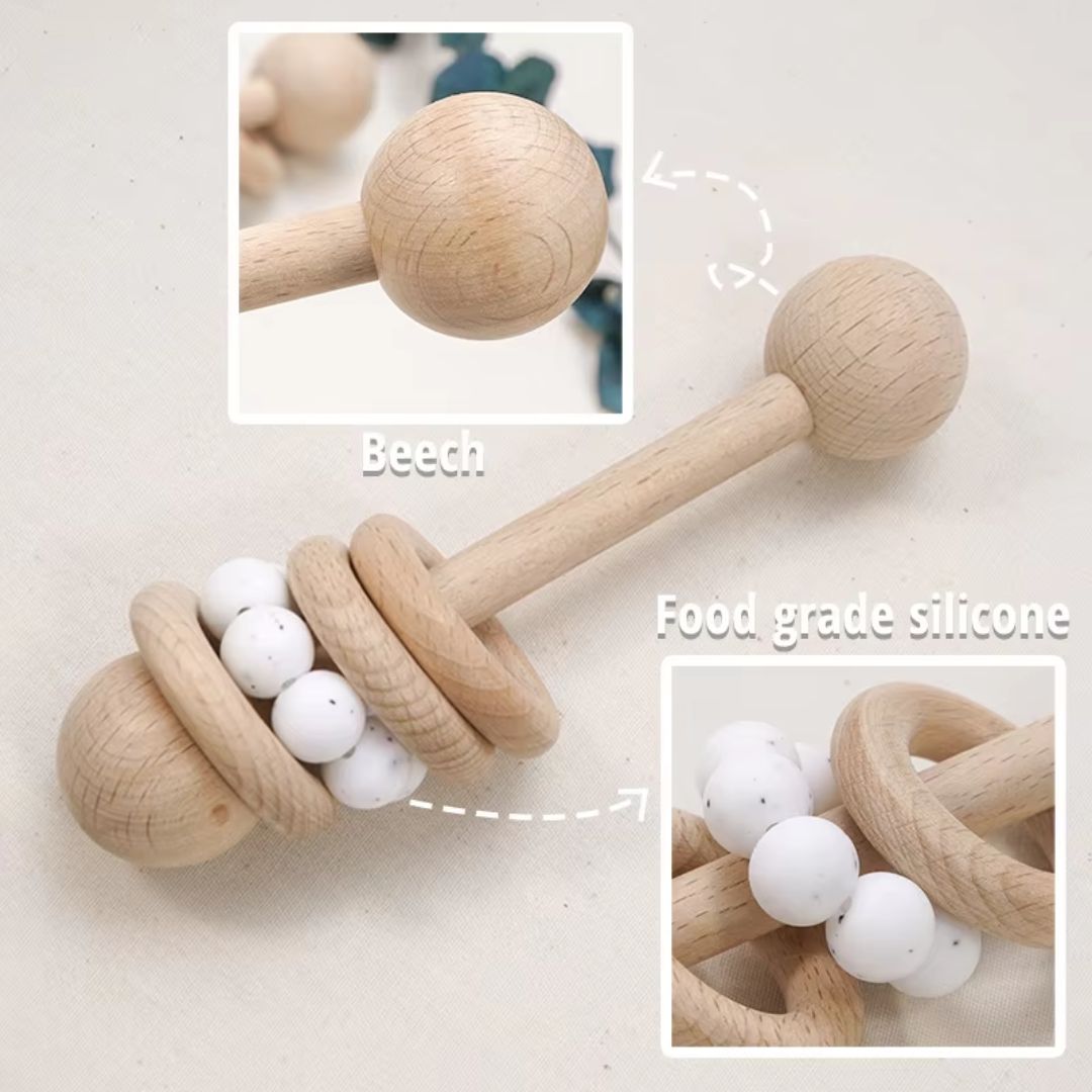 Hochet en Bois pour Bébé avec Anneaux de Dentition Montessori