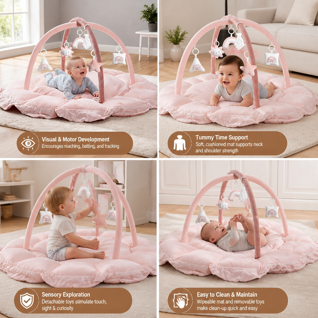 Tapis d’éveil 5-en-1 rembourré avec arche et 5 jouets suspendus