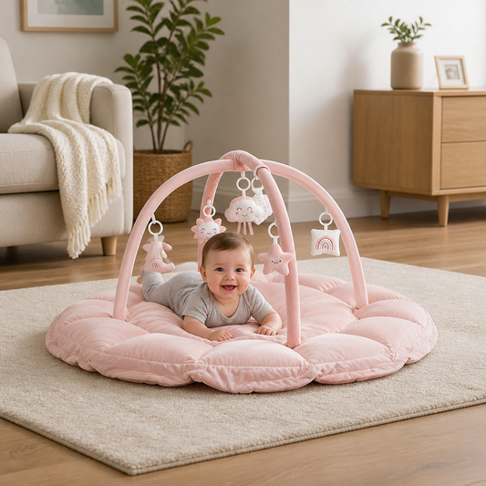 Tapis d’éveil 5-en-1 rembourré avec arche et 5 jouets suspendus