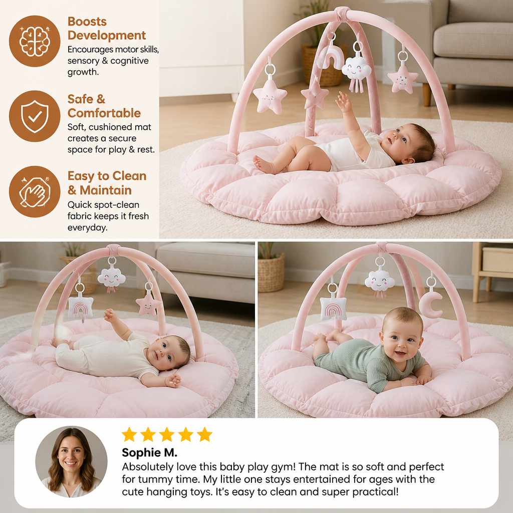 Tapis d’éveil 5-en-1 rembourré avec arche et 5 jouets suspendus