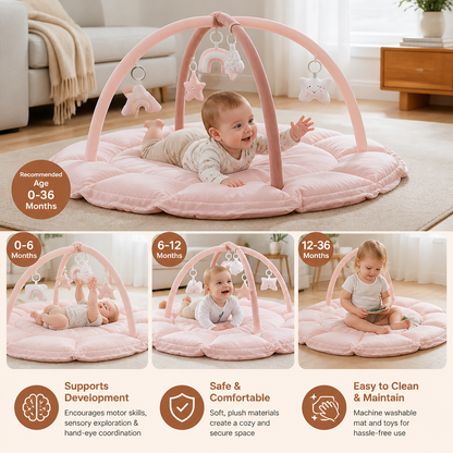 Tapis d’éveil 5-en-1 rembourré avec arche et 5 jouets suspendus