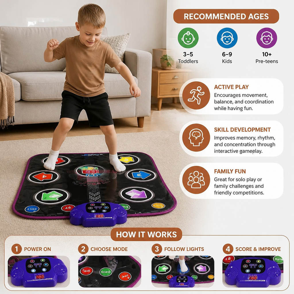 Tapis de danse lumineux Bluetooth pour enfant avec 5 modes de jeu